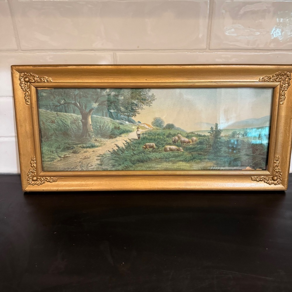 James Lee Co Framed Lithograph 1906 Gold The Sheep Pasture Ornate Landscape Art